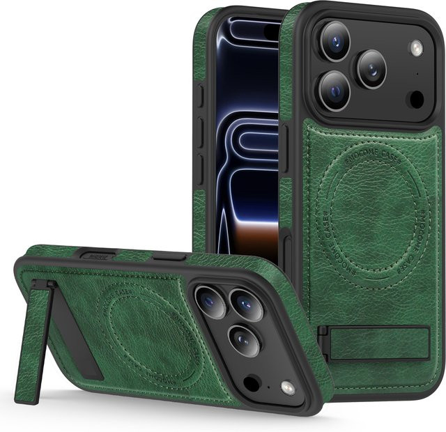Magnetische Leder-Schutzhülle für iPhone 17 Pro Max, iPhone 17 Pro und iPhone 17 Air mit Standhalterung und MagSafe Unterstützung in Schwarz - Bild 1