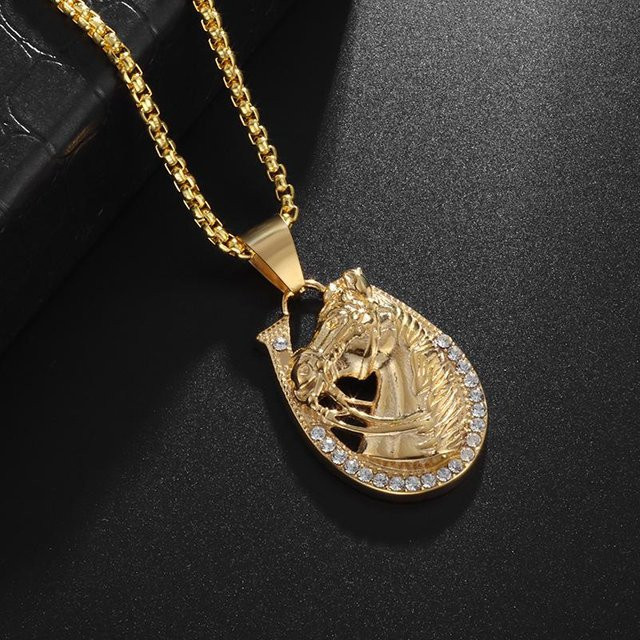 YIRAN Halskette Pferdekopf Anhänger, Gold, Edelstahl, Diamant, Zirkonia, Unisex - Bild 1