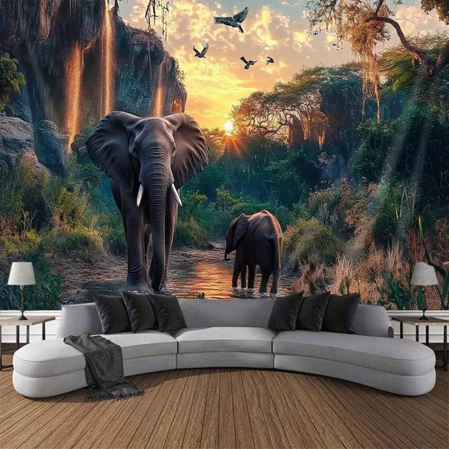 Majestätischer Elefant Wandteppich mit Sonnenuntergang Landschaft von JMG Household Supplies, Mehrfarbig, B: 150 cm, H: 130 cm - Bild 1