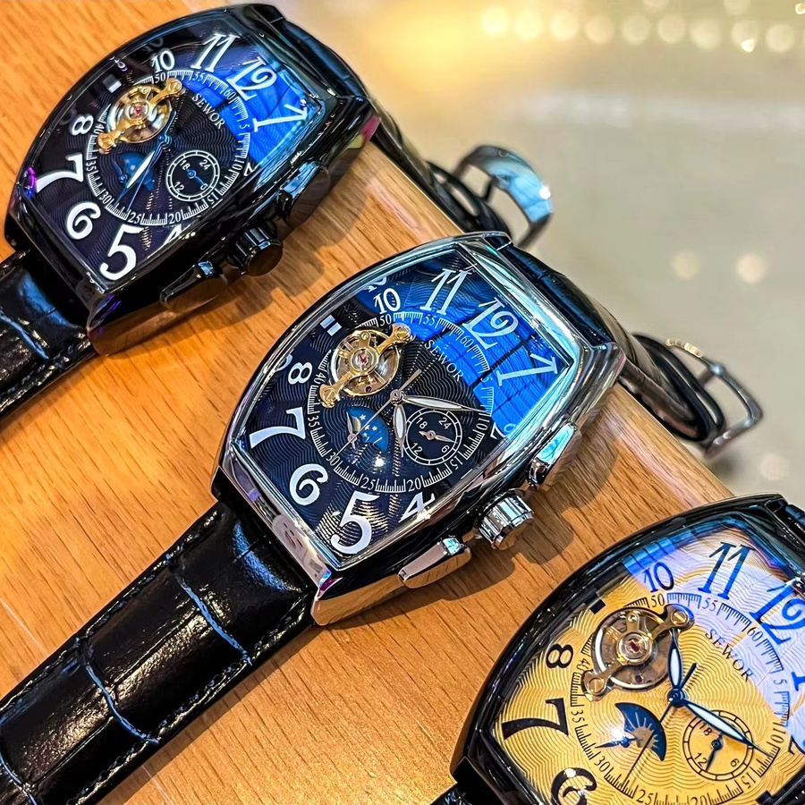 AOKULASIC Armbanduhr Automatik, Tonneau, Blau, Gold, Silber, Edelstahl, Leder, Herren - Bild 3