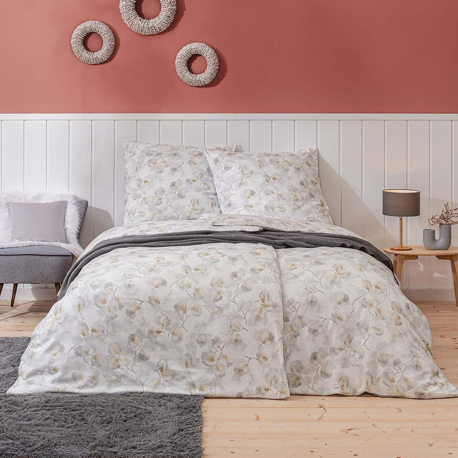 Estella Molveno Bettwäsche aus Samt und Seide Flanell in Silber mit floralem Blättermuster, Breite: 155 cm, Länge: 220 cm - Bild 1