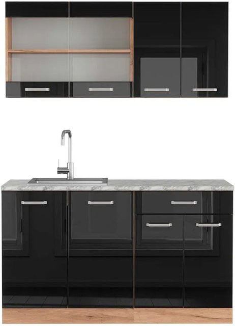 Vicco R-Line Singleküche Schwarz Hochglanz und Goldkraft Eiche mit Marmor-Arbeitsplatte, Breite: 140 cm - Bild 1