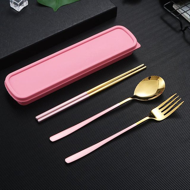 4-teiliges Reisebesteck-Set von VEG HOME aus beschichtetem 18/8 Edelstahl mit Etui, tragbares Utensilien-Set für Erwachsene mit Gabel, Löffel und Essstäbchen - Bild 1