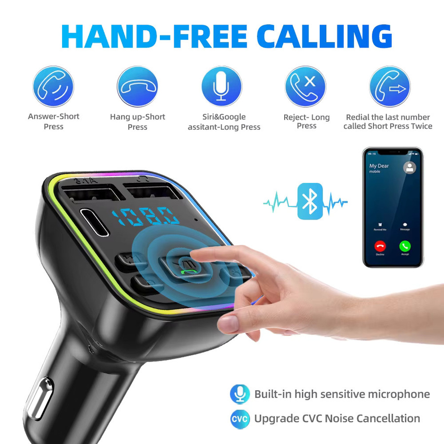 Kebidu Bluetooth 5.0 FM Transmitter mit PD Typ-C und Dual USB 3.1A Schnellladegerät, MP3 Modulator und Freisprecheinrichtung in Schwarz mit buntem Umgebungslicht - Bild 3