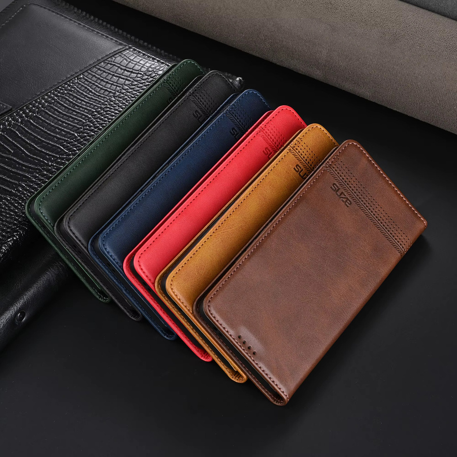 Flip Wallet Case Leder für Samsung Galaxy S25 Ultra Edge, S24 Plus, S23 FE, S22 und S21 mit Kartenfächern und magnetischem Verschluss in Braun - Bild 1