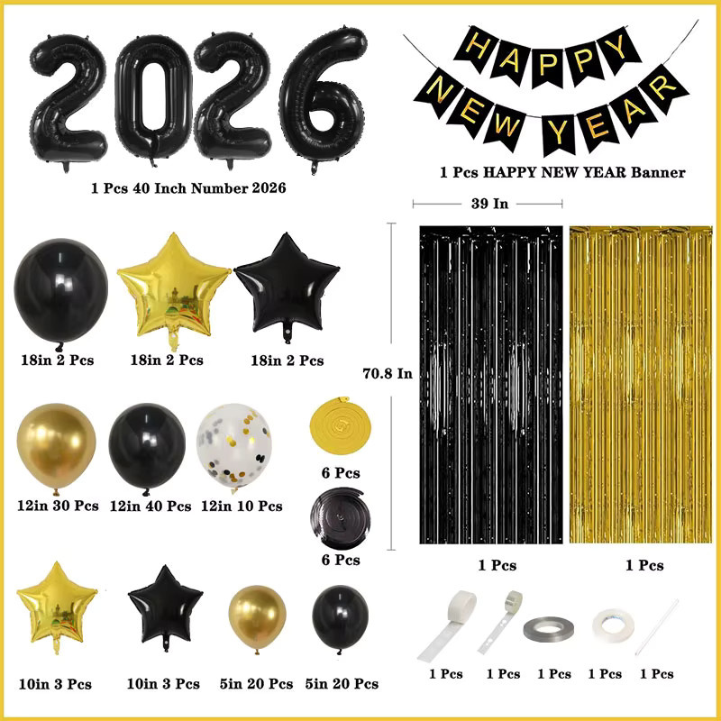 Silvester Dekoration Set mit Ballon Bogen Girlande, Regen Vorhang und 2026 Folienballons in Schwarz - Bild 4