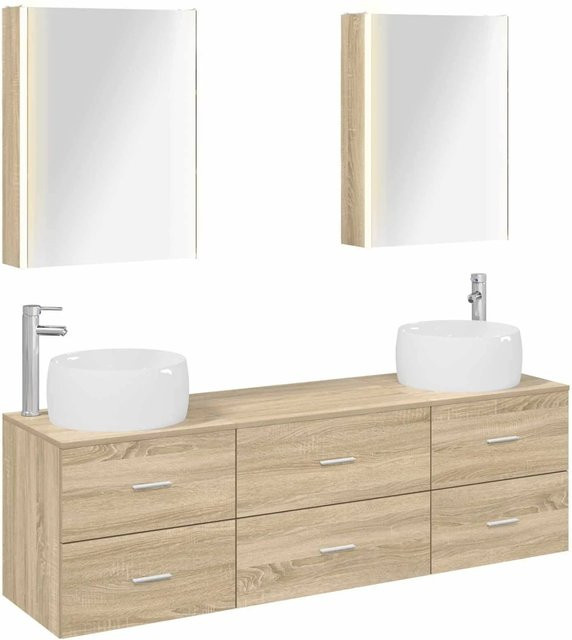 vidaXL Badezimmermöbel-Set 5-teilig in Sonoma-Eiche mit Spiegelschrank, Waschtischunterschrank und Wandschrank aus Holz und Glas in Braun - Bild 1