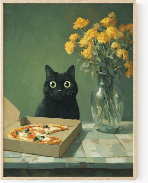 Wandkunst von SHENCHEN mit Katze und Pizza auf tiefgrünem Hintergrund und goldgelber Blume, rechteckiger Kunstdruck aus Papier in Grün und Gold - Bild 1