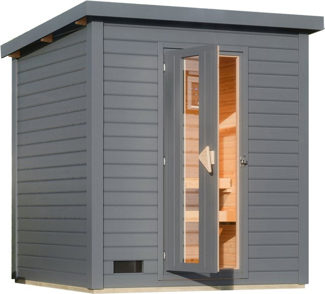 KARIBU Außensauna Smally 2 in Terragrau mit 9kW und externer Finne-Steuerung - Bild 1