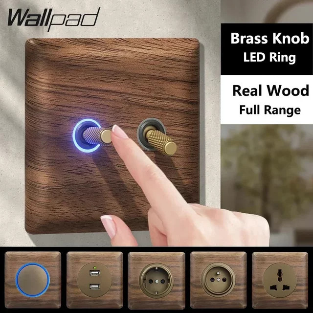 Retro Wandlichtschalter mit Echtholz-Walnuss-Panel und Antik-Messing-Knopf sowie blauer LED-Beleuchtung - Bild 1