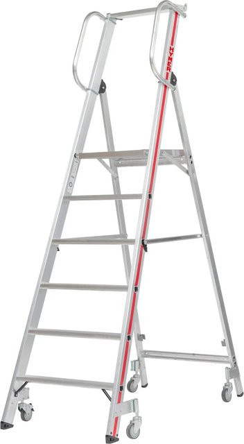 Hymer Plattformleiter aus Aluminium mit beidseitigem Handlauf und 4 schwenkbaren Federrollen, 4 Stufen, Silber, B/T/H: 80 x 44 x 40 cm - Bild 1