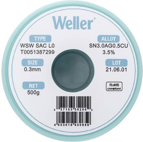 Weller Lötzinn Sn3,0Ag0,5Cu bleifrei Spule 0,30 mm 500 g - Bild 1