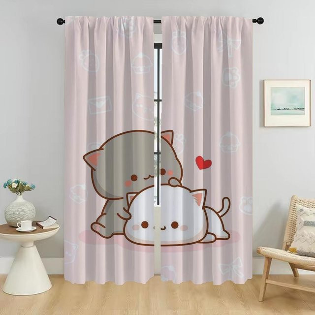 Elegante Pfirsich Mochi Katze Raumvorhänge Set aus 2 Paneelen, halbtransparent, Farbe: Pink, Breite: 50 cm, Höhe: 70 cm pro Paneel - Bild 1