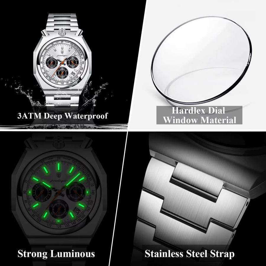 POEDAGAR Chronograph, Quarz, Edelstahl, Silber, Herren - Bild 4