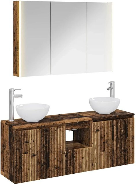 vidaXL Badezimmerschrank-Set aus Altholz in Braun, 4-teilig mit Waschtischunterschrank, Spiegelschrank und LED-Beleuchtung, B/T/H: 103,5 x 15,5 x 70 cm - Bild 1