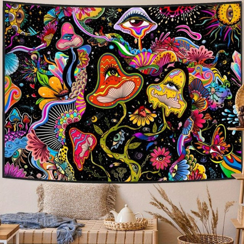 VIKAMA Wandteppich mit Fantasy-Magiepilz-Augen Motiv, mehrfarbiger Wandbehang im Bohemian-Stil für dein Wohnzimmer oder Schlafzimmer, B: 60 cm, H: 40 cm - Bild 1
