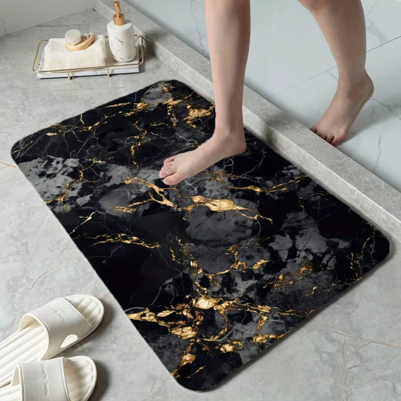 VIKAMA Badezimmermatte in Schwarz-Gold mit Marmor-Design, rutschfeste und saugfähige Badematte in Rechteckform - Bild 2