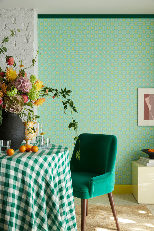 Little Greene Tapete Ditsy Block Green Verditer in floralem Vintage-Design aus Vlies - Bild 1