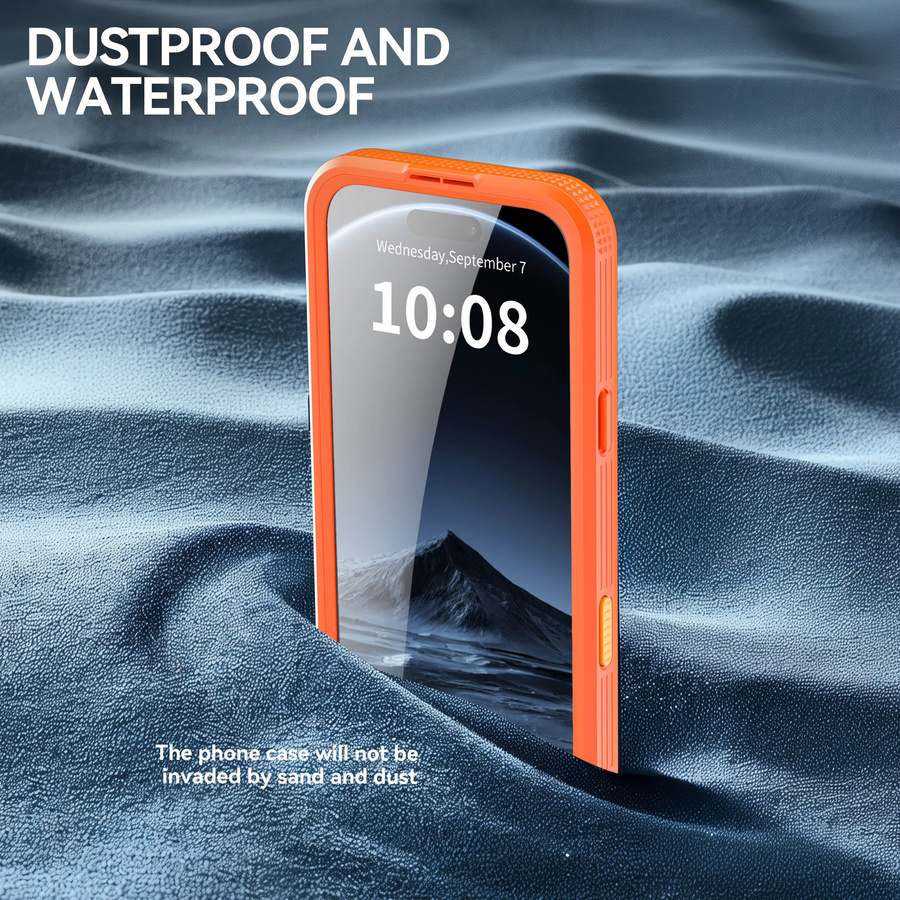 Shellbox Wasserdichte Handyhülle mit 360 Grad Rundum-Schutz und Sturzsicherung für iPhone 16 Pro Max, iPhone 17 Air, iPhone 15 und iPhone 14 Pro in Orange - Bild 4
