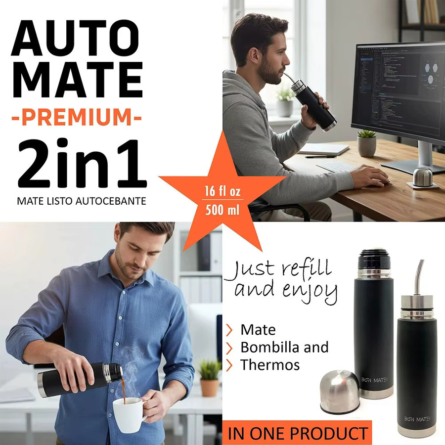 XMSJ 2-in-1 Edelstahl Yerba Mate Thermosbecher mit integriertem Bombilla-Trinkhalm, vakuumisolierte Wasserflasche, Schwarz - Bild 2
