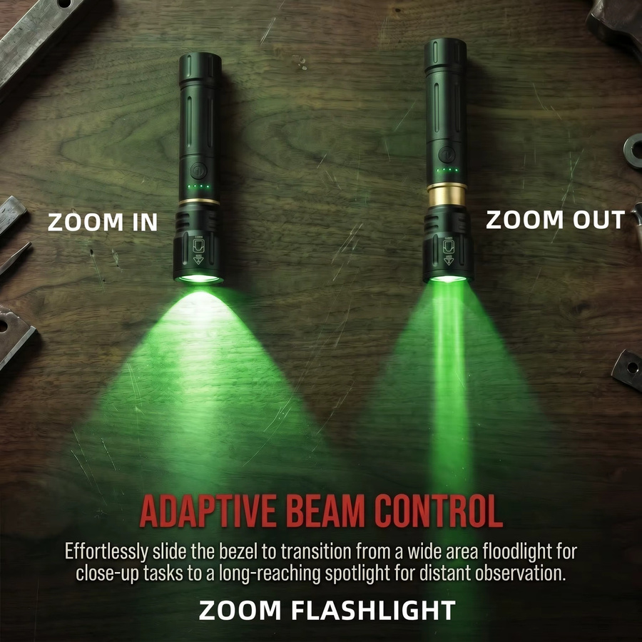 Alonefire Zoom-Taschenlampe mit grünem LED-Licht, USB-wiederaufladbare Aluminium-Taschenlampe in Schwarz für Camping, Outdoor, Wandern, Jagd und Angeln - Bild 2