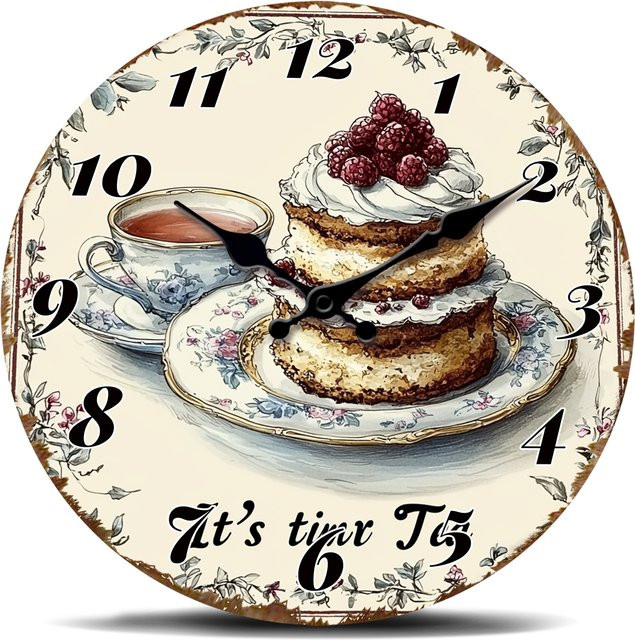 Vintage Tea Time Cake Runde Wanduhr mit Dessert-Illustration und leisem Quarzwerk in Multicolour - Bild 1
