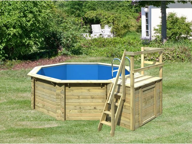 Karibu Achteckiger Aufstellpool Set B mit Sonnenterrasse, Filterpaket und Skimmer, Blau/Grau, B: 400 cm, T: 400 cm, H: 111 cm - Bild 1