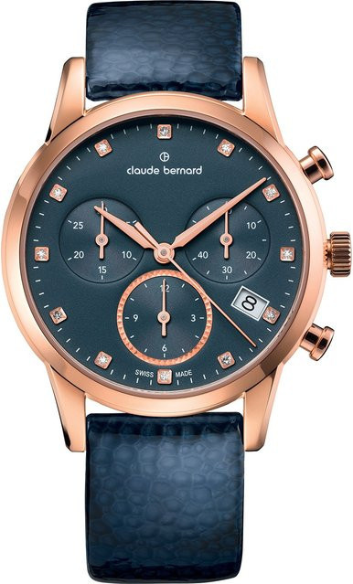 Claude Bernard Damenuhr Classic Chronograph, Quarz, Edelstahl, 35 mm, Leder, Schwarz - Bild 1