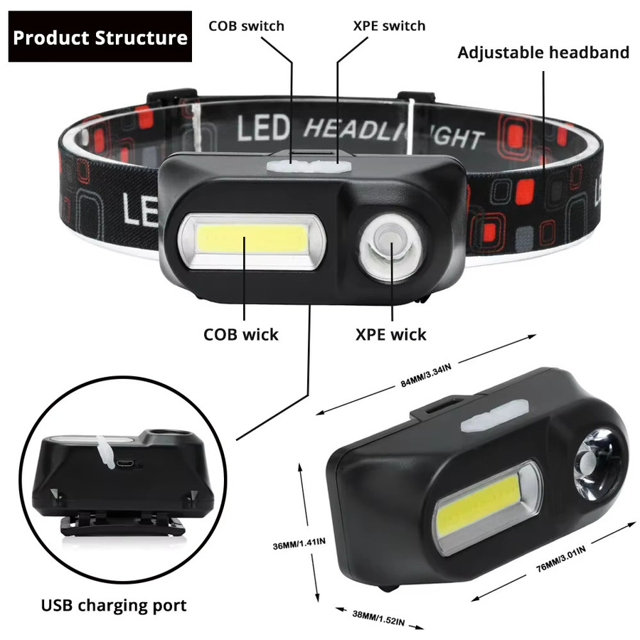 ESMARTER LED Scheinwerfer Mini XPE COB Kopf Lampe mit USB-Ladefunktion in Schwarz - Bild 2