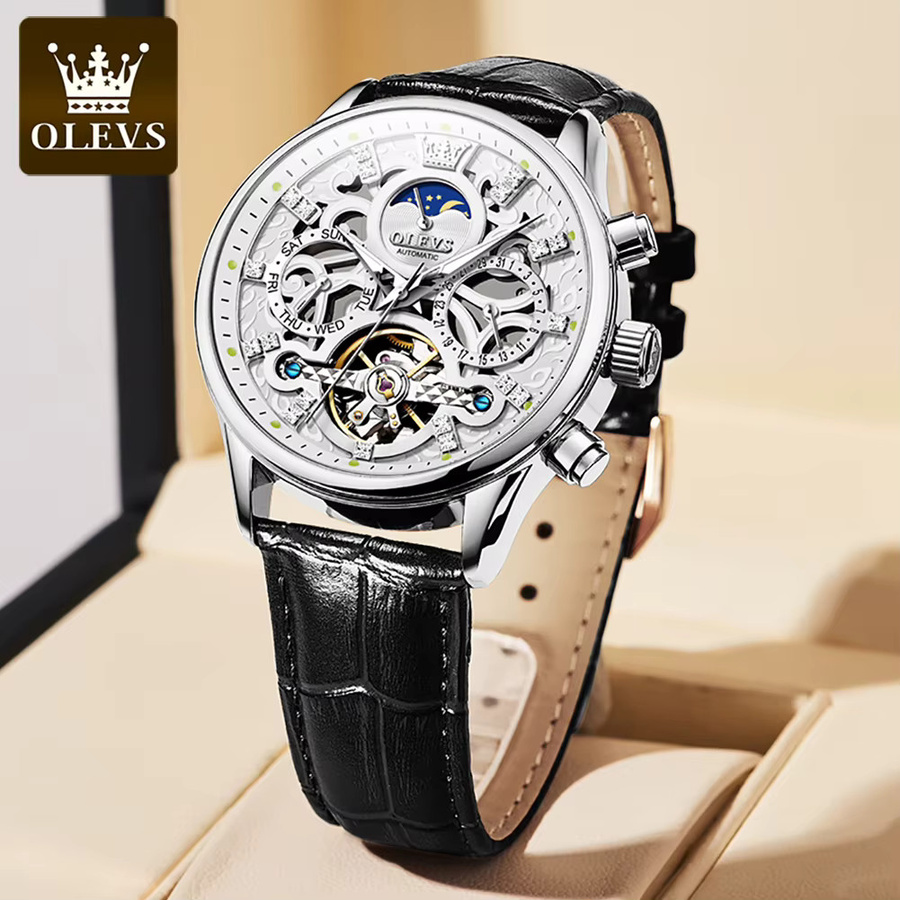 OLEVS Armbanduhr Automatik, Leder, Blau, Mondphase, Herren - Bild 2