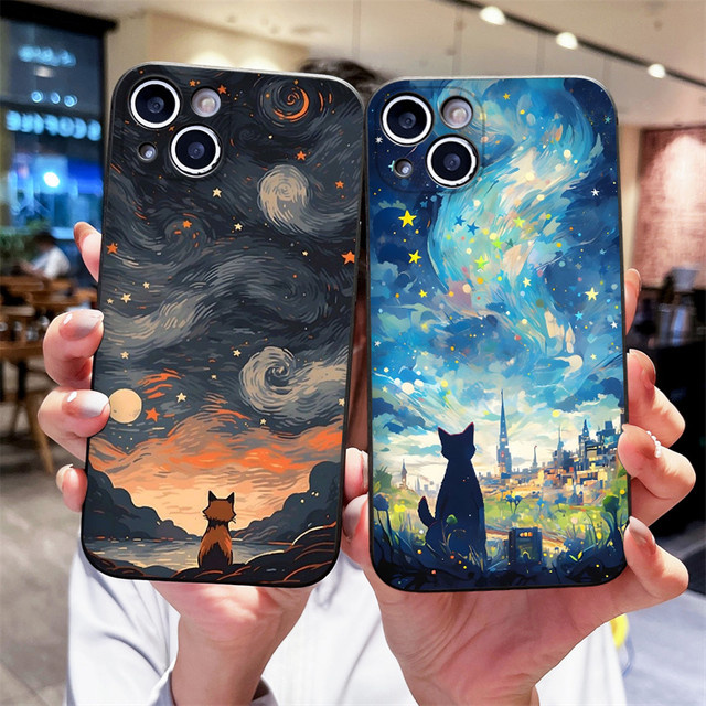 Handyhülle Ölgemälde Schwarze Katze unter Sternenhimmel für Motorola Moto Edge 50 Fusion 60 Stylus 40 30 Neo G75 G85 G54 G86 5G Softcover in Schwarz und Multicolour - Bild 1