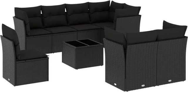 vidaXL 9-tlg Garten-Sofagarnitur aus Poly-Rattan mit Kissen, Schwarz - Bild 1
