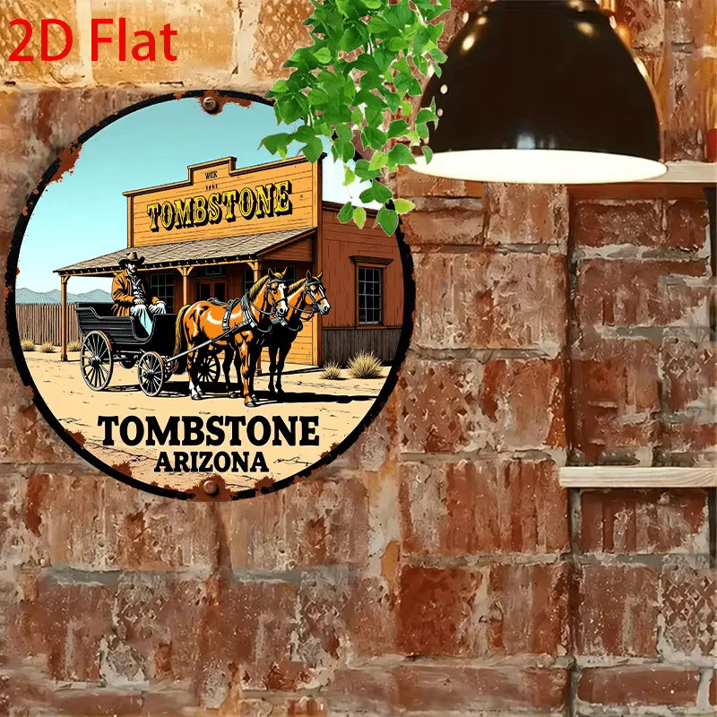 Potdemiel Vintage Western Tombstone Arizona Schild mit Cowboys und Pferdekutsche, Metall, Mehrfarbig, Durchmesser: 20 cm - Bild 5