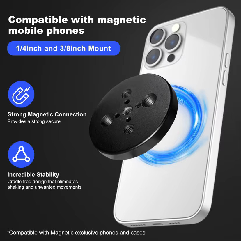 MagSafe magnetischer Telefonhalter in Schwarz mit 360 Grad Rotation und 1/4'' sowie 3/8'' Arri-Gewinde für Stativhalterungen - Bild 2