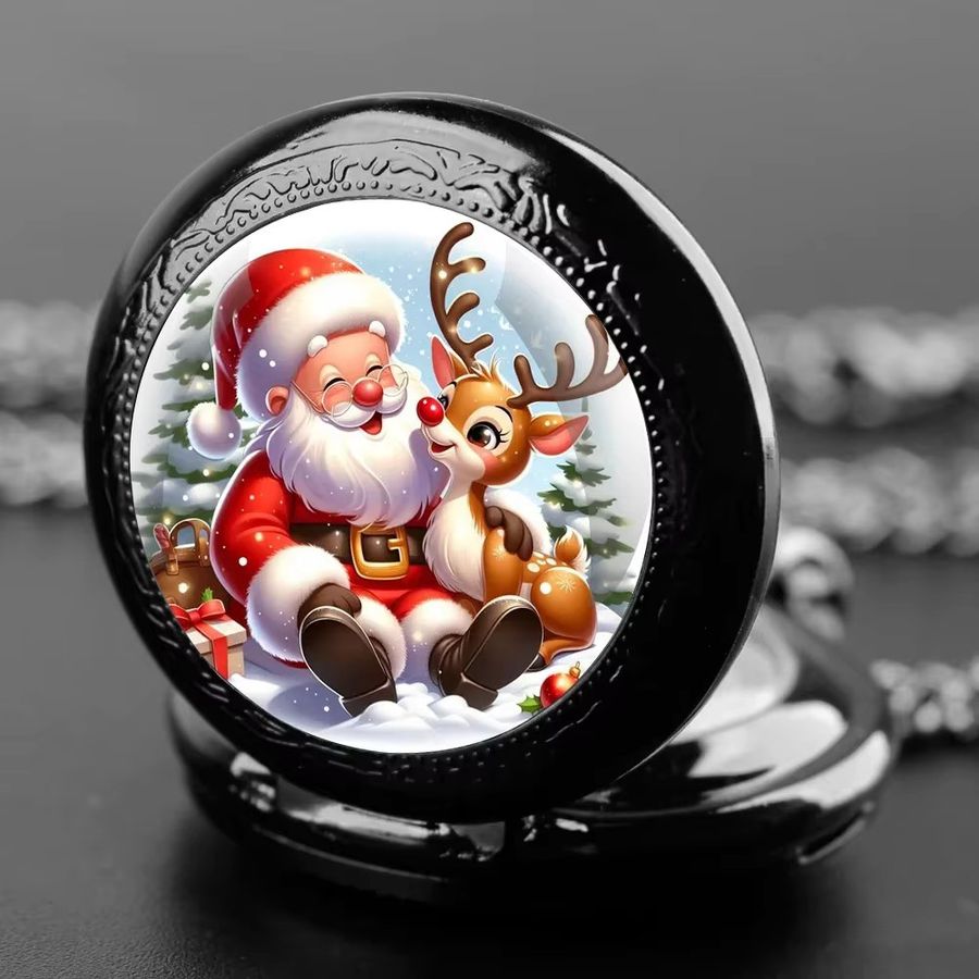 Weihnachtsmann Taschenuhr mit Elch-Glaskuppel und starker Kette, schwarzes Quarzwerk mit arabischem Zifferblatt - Bild 3