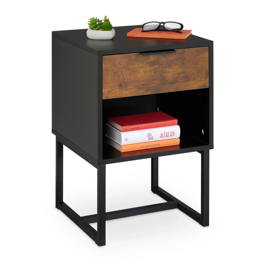Relaxdays Nachttisch im Industrie-Design aus Holzwerkstoff und Eisen, Schwarz/Braun, B: 60,5 cm, T: 40 cm, H: 41,5 cm - Bild 2