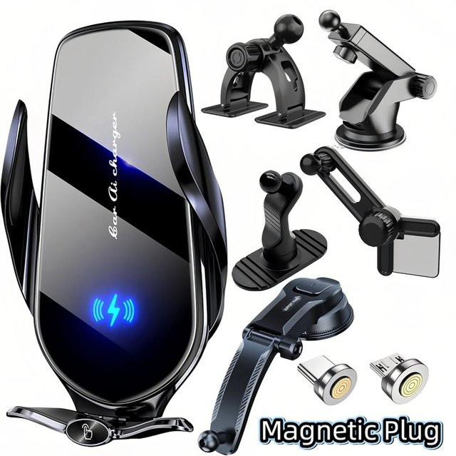 TONGDAYTECH 15W Kfz-Handy-Ladegerät mit kabelloser Ladefunktion, magnetische Halterung und automatischem Sensor-Ständer, Schwarz - Bild 1