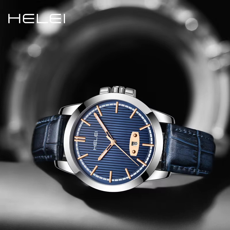HELEI Herrenuhr, Quarz, Edelstahl, Blau, Leder, Silber - Bild 2