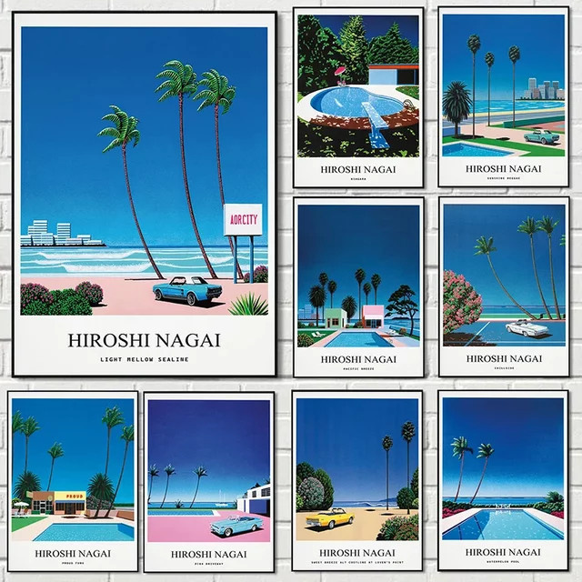 Vintage Nagai Hiroshi Vaporwave Japan Beach City Sommer Leinwand Wandkunst in Mehrfarbig - Bild 1