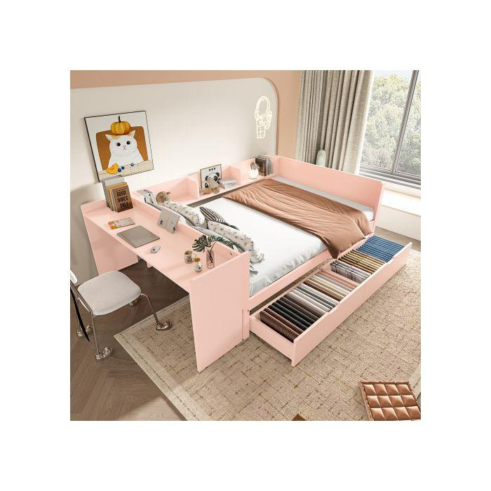 MUVOE Doppelbett aus Massivholz mit Schreibtisch und 2 Schubladen in Rosa, B/T/H: 140 x 200 cm - Bild 2