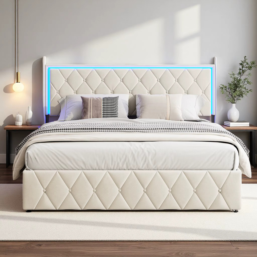 Superaly Gepolstertes Doppelbett aus Samt mit Stauraum, LED-Beleuchtung und USB-Ladefunktion, Beige, B/T: 140 x 200 cm - Bild 2