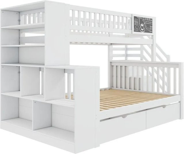 KOMHTOM Hausbett Etagendoppelbett aus Kiefernholz mit Graffiti-Elementen, Treppe und Schubladen, Weiß, B/T/H: 230 x 140 x 148,5 cm und 200 x 90 x 148,5 cm - Bild 1