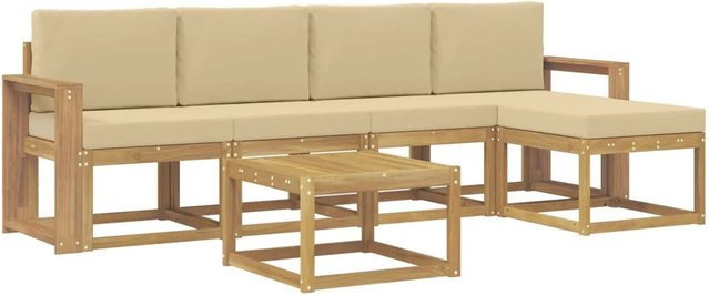 vidaXL Outdoor-Sofagarnitur aus Akazienholz in L-Form mit Kissen und Ottoman, 6-teilig, Weiß und Beige - Bild 1