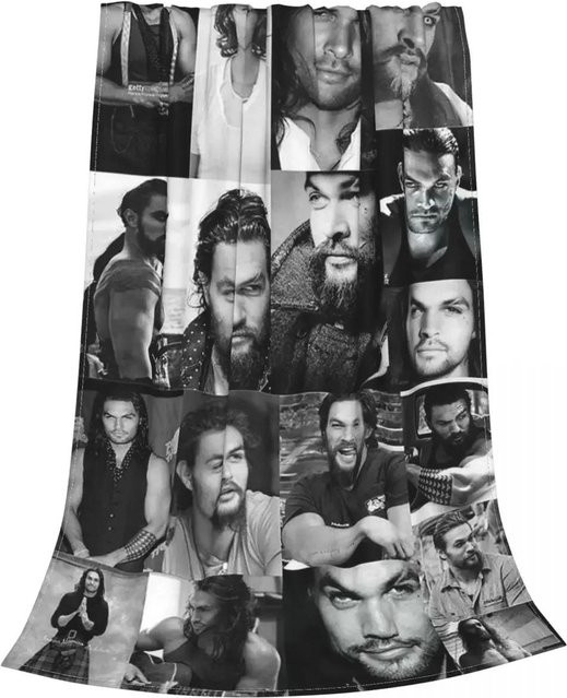 Warme Flanell-Überwurfdecke mit Jason Momoa Motiv in Schwarz, Kariertes Sternen-Design, B/B: 75 x 90 cm - Bild 1