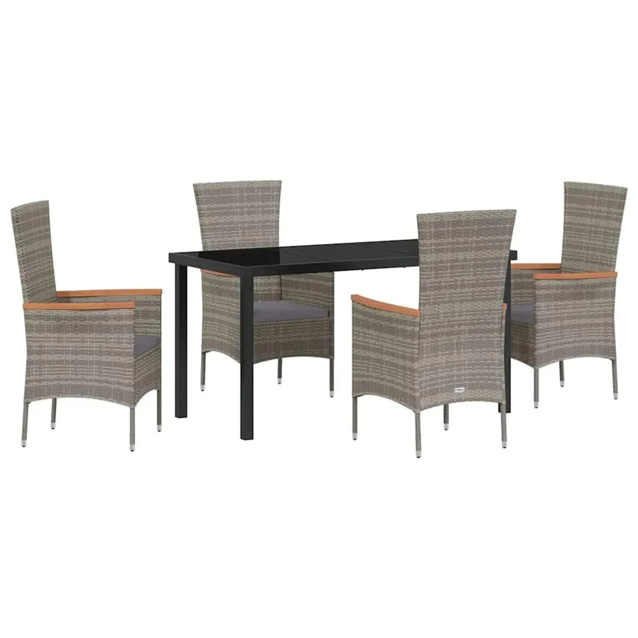 vidaXL Garten Essgruppe aus Poly Rattan und Akazienholz mit Kissen, 5-teilig, Grau - Bild 2