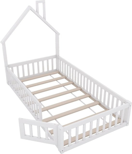 KOMHTOM Hausbett Kinderbett aus Kiefernholz mit Schornsteinform in Weiß, B/T/H: 90 x 200 x 205 cm - Bild 1