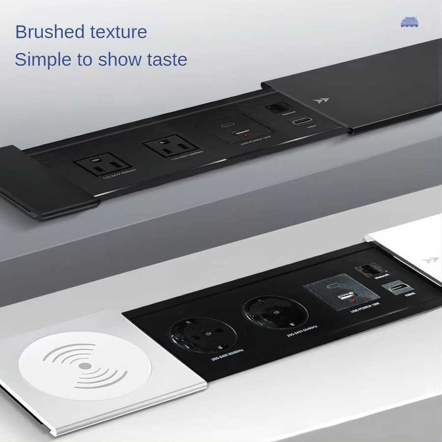 MANLEIKE Tischsteckdose mit Schiebeabdeckung in Schwarz inklusive kabelloser Aufladung, USB, Typ-C, Netzwerk und HDMI - Bild 2