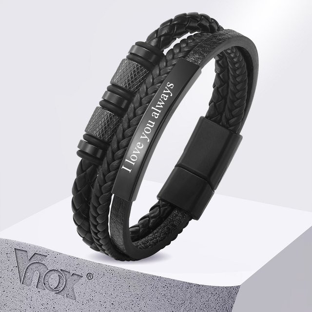 Vnox Armband, 3 Schichten, schwarz, PU Leder, Edelstahl, Herren - Bild 1