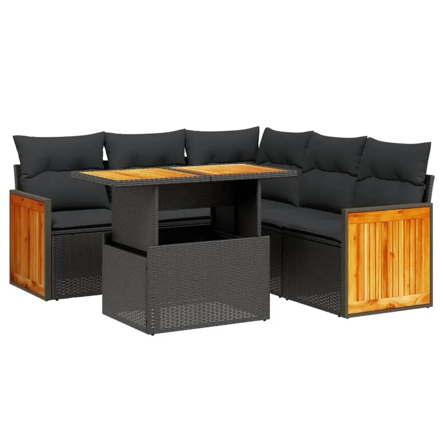 vidaXL 6-teilige Garten-Sofagarnitur in L-Form aus schwarzem Poly-Rattan mit Kissen und Akazienholz - Bild 2