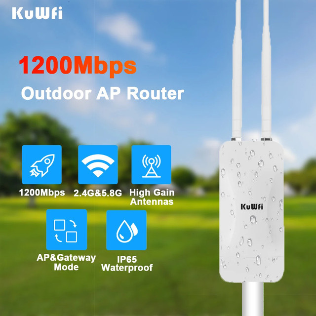 KuWFi Dualband Outdoor Access Point Router mit 1200 Mbit/s und externen Hochleistungsantennen in Weiß, unterstützt 24 V PoE - Bild 1